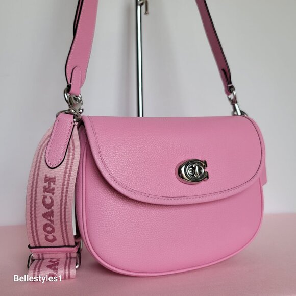 COACH Willow Saddle Pebbled Leather Saddle Crossbody Bag- Vivid Pink 🎈$265. - Picture 2 of 16